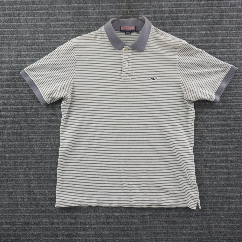 Vineyard Vines Polo Shirt Mens L White Grey Striped Short Sleeve Cotton